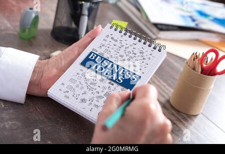 Idee di business disegnate su un blocco note Foto Stock