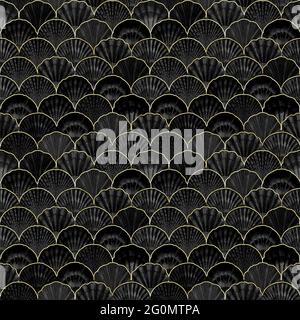 Acquerello mare conchiglia giapponese onde modello senza giunture. Fondale disegnato a mano texture vintage oceano nero sfondo. Illustrazione marina acquerello. PR Foto Stock
