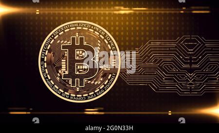Blockchain criptovalente Bitcoin su sfondo binaria dorato. Fondo astratto del denaro digitale nel cyberspazio digitale. Foto Stock