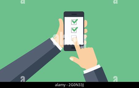 Tenere il telefono cellulare nero con il segno di spunta sullo schermo isolato in verde. Illustrazione Vettoriale