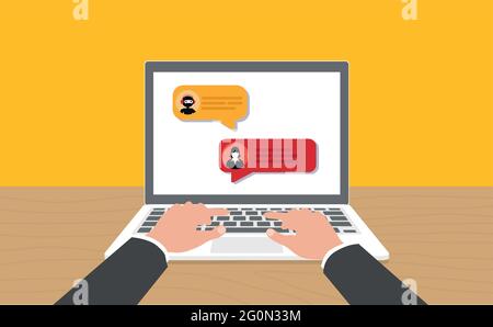 Concetto di supporto per il bot ai e il servizio clienti tramite chat. Immagine piatta vettoriale. Illustrazione Vettoriale