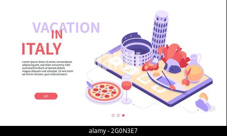 Vacanze in Italia - banner Web isometrico moderno e colorato con spazio di copia per il testo. Un'illustrazione con simboli italiani e punti di riferimento posizionati su smartp Illustrazione Vettoriale