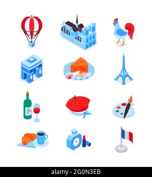 Simboli francesi - Set di icone isometriche moderne e colorate. Cultura e tradizioni della Francia. Mongolfiera, vino, arco di Trionfo, formaggio, bandiera, Notre-diga Illustrazione Vettoriale