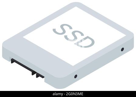 Icona isometrica SSD, dispositivo di archiviazione Solid state Drive. Apparecchiature per il salvataggio di informazioni e dati. Illustrazione vettoriale isolata su sfondo bianco Illustrazione Vettoriale