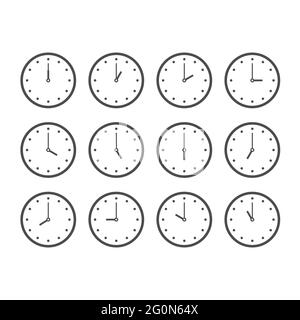 Set di orologi con icone di linea ogni ora. Orologi che mostrano tempi diversi Illustrazione Vettoriale