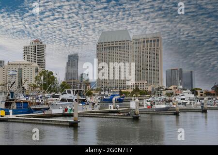 Piccole imbarcazioni ancorate nell'area portuale di Bravo lungo Harbour Drive a San Diego, CA Foto Stock