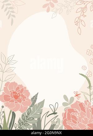 Disegno astratto con fiori e libellule su sfondo rosa. Adatto per biglietti d'auguri, biglietti per le vacanze, biglietti aziendali e inviti. Illustrazione Vettoriale
