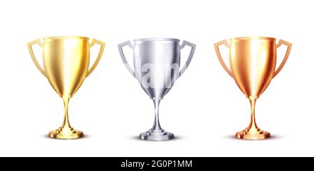 Icona realistica con trofeo oro, argento e bronzo su sfondo bianco. Progettazione 3d realistica. Illustrazione Vettoriale
