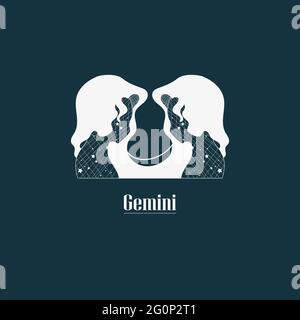 Gemini. Disegno segno zodiaco. Design zodiaco con griglia a stella. Disegno gemini astratto. Segni con testi in latino. Illustrazione Vettoriale