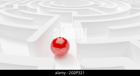 Sfera rossa o sfera in labirinto bianco su sfondo bianco, successo, strategia o concetto di soluzione, illustrazione 3D Foto Stock