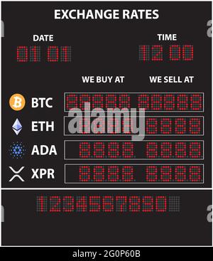 Quadro di valutazione elettronico per lo scambio delle criptovalute più diffuse. Segnapunti con i tassi di Bitcoin, Ethereum, Cordana e Ripple con c Illustrazione Vettoriale