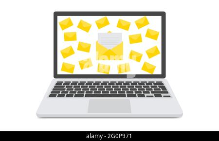 Concetto di casella di posta spamming, un sacco di e-mail sullo schermo di un monitor. Hacking della casella di posta elettronica, avviso di spam. Illustrazione vettoriale. Illustrazione Vettoriale