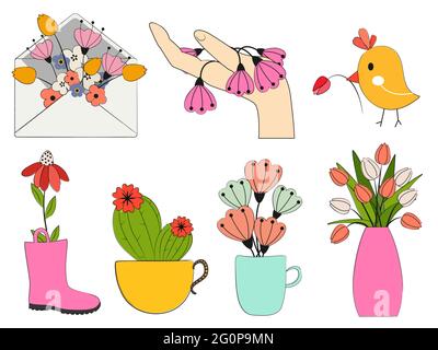 Fiori in pentole diverse, vaso, tazza. Illustrazione vettoriale. Illustrazione Vettoriale