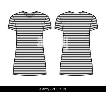 Abito marinaio illustrazione tecnica moda con strisce, maniche corte, corpo oversize, mini lunghezza gonna a matita. Abbigliamento piatto, anteriore, posteriore, grigio. Donne, uomini unisex CAD mockup Illustrazione Vettoriale