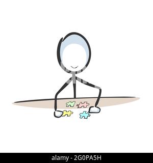 Fare puzzle. Pezzi per seghetto alternativo matching. Vettore semplice. Stickman nessun fumetto di clipart del viso. Disegnato a mano. Doodle schizzo, illustrazione grafica Illustrazione Vettoriale