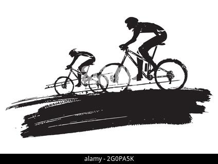 Ciclisti di mountain bike, grunge stilizzato. Illustrazione di due ciclisti sul tratto di pennello espressivo nero. Isolato su sfondo bianco. Illustrazione Vettoriale