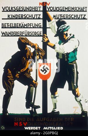 Un poster di propaganda nazista d'epoca per il servizio di assistenza sociale nazista che mostra un soldato e un contadino che scavano insieme Foto Stock