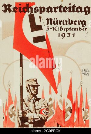 Un poster di propaganda nazista d'epoca per il Rally di Norimberga del 1934 (Congresso di unità e forza di Reich). È stato girato da Leni Riefenstahl come Triumph of the Will Foto Stock