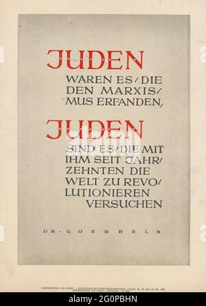 Un poster di propaganda nazista d'epoca con una citazione di Joseph Goebbels che collega ebrei e comunismo Foto Stock