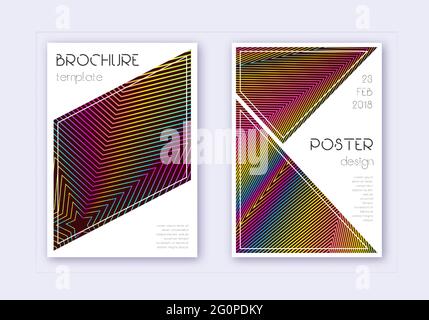 Set di modelli per il design della copertina triangolare. Arcobaleno linee astratte su sfondo rosso vino. Design della copertina fantasioso. Sorprendente catalogo, poster, modello di libro Illustrazione Vettoriale