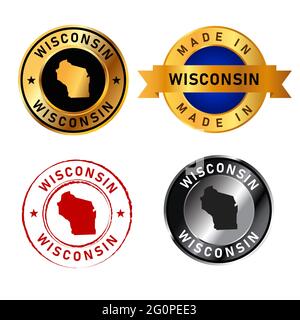Wisconsin badge oro timbro fascia cerchio in gomma con la forma mappa degli stati del paese America Illustrazione Vettoriale
