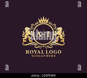 Ai Letter Lion Royal Luxury Logo template in arte vettoriale per Ristorante, Royalty, Boutique, Cafe, Hotel, Araldica, Gioielli, Moda e altri vettori il Illustrazione Vettoriale