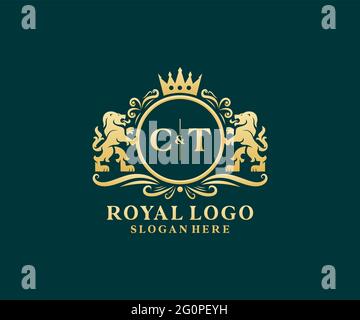 CT Letter Lion Royal Luxury Logo template in arte vettoriale per Ristorante, Royalty, Boutique, Cafe, Hotel, Araldica, Gioielli, Moda e altri vettori il Illustrazione Vettoriale