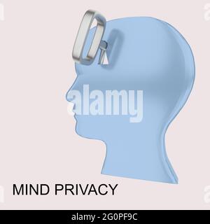 Illustrazione 3D del testo Mind Privacy sotto una silhouette della testa con una chiave simbolica, isolata in grigio. Foto Stock