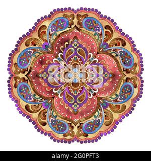 Motivo mandala floreale, elementi decorativi di design paisley, disegno a mano acquerello rotondo motivo etnico Foto Stock