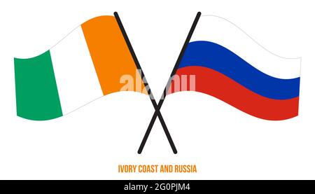 Costa d'Avorio e Russia Bandiere incrociate e ondulate in stile piatto. Proporzione ufficiale. Colori corretti. Illustrazione Vettoriale