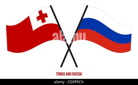 Tonga e Russia Bandiere incrociate e ondulate stile piatto. Proporzione ufficiale. Colori corretti. Illustrazione Vettoriale