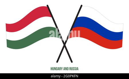 Ungheria e Russia Bandiere incrociate e ondulate in stile piatto. Proporzione ufficiale. Colori corretti. Illustrazione Vettoriale