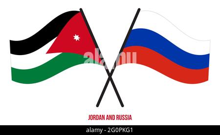 Jordan e Russia Bandiere incrociate e ondulate in stile piatto. Proporzione ufficiale. Colori corretti. Illustrazione Vettoriale