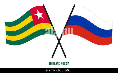 Togo e Russia Bandiere incrociate e ondulate stile piatto. Proporzione ufficiale. Colori corretti. Illustrazione Vettoriale