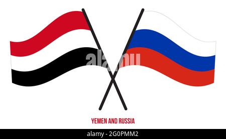 Yemen e Russia Bandiere incrociate e ondulate stile piatto. Proporzione ufficiale. Colori corretti. Illustrazione Vettoriale