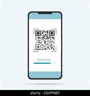 Immagine dal design piatto dello smartphone con schermo a sfioramento. Scanner per codici QR con scansione di testo - vettoriale Illustrazione Vettoriale