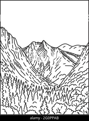 Illustrazione monolinea di Kings Canyon da Paradise Valley nel Kings Canyon National Park all'interno della Sierra Nevada, California Stati Uniti fatto in retrò Illustrazione Vettoriale