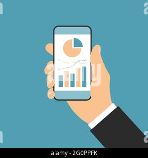 Vettore di disegno piatto, mano di uomo d'affari che tiene il telefono cellulare con touch screen bianco e grafico finanziario, isolato su sfondo verde, adatto per i Illustrazione Vettoriale