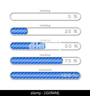 Panoramica del processo di caricamento - barre di caricamento blu con diversi progressi disposte a forma di blocco su sfondo bianco - Illustrazione 3D Foto Stock