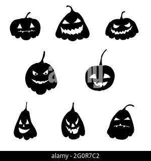 Set di silhouette di zucca con occhi, Halloween. Vettore isolato su sfondo bianco Illustrazione Vettoriale