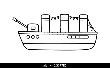 Corazzata disegnata a mano. Bambini disegno di una nave da guerra. Incrociatore militare. Illustrazione vettoriale isolata su sfondo bianco Illustrazione Vettoriale