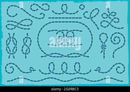 Un set con diverse forme decorative e nodi realizzati con corde nautiche. Illustrazione Vettoriale