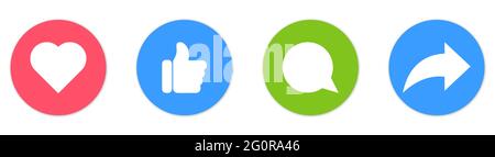 Insieme di icone dei social media. Cuore, come o amore, commento e condivisione. Icone dei social network. Vettore Illustrazione Vettoriale