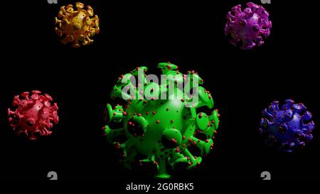 CINQUE TIPI DI CORONAVIRUS MUTATI SU SFONDO NERO SCURO, RENDERING 3D, ILLUSTRAZIONE 3D, Foto Stock