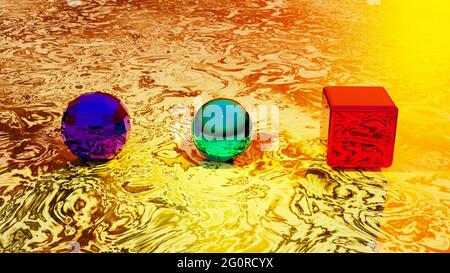 CUBO, FORME SFERICHE BRILLANTI SU UN PAVIMENTO GIALLO ASTRATTO, RENDERING 3D, ILLUSTRAZIONE 3D, Foto Stock