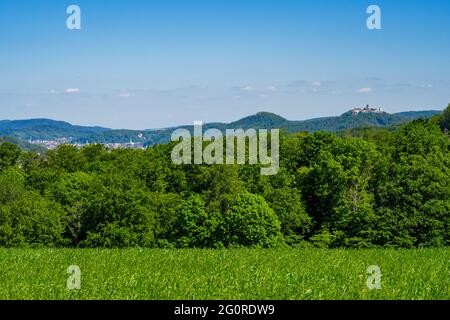 Vista dall'escursione a Reinnsteig al Castello di Wartburg in Turingia Foto Stock