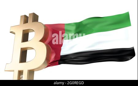 Criptovaluta bitcoin oro con bandiera UAE ondulata. Rendering 3D Foto Stock