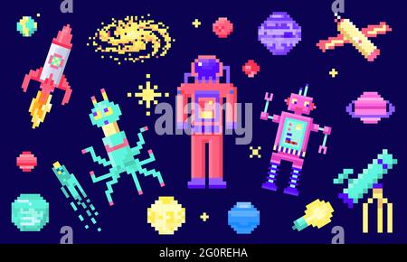 Set di stelle spaziali, astronave alieno, razzo robot e cubi satellitari sistema solare pianeti pixel art, stile di gioco vintage digitale. Mercurio, Venere, Terra Illustrazione Vettoriale