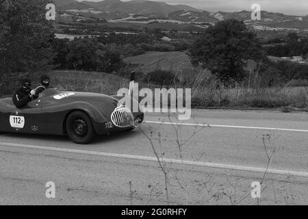 CAGLI, ITALY - Oct 28, 2020: CAGLI , ITALY - OTT 24 - 2020: CAGLI , ITALY - OTT 24 - 2020: AUSTIN HEALEY 100 6 1957 una vecchia vettura da corsa nel rally Mille M. Foto Stock