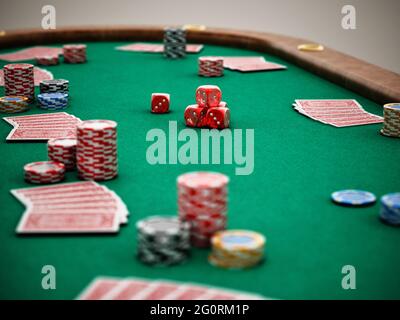 Tavolo da poker con carte da gioco, chip casinò e dadi. Illustrazione 3D. Foto Stock